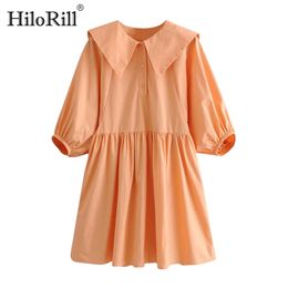 Casual Women Solid Mini Dress Lantern Sleeve Loose Pleated Summer Turn Down Collar Button Cotton Ropa Mujer 210508