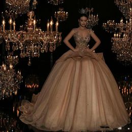 gold princess prom dresses Canada - Princess Gold Prom Dresses Fluffy Ball Gown Beaded Formal Evening Gowns Tulle Ladies Special Occasion Abaya Dubai quinceanera Wears 2021