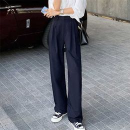 Retro Straight Wide Leg Brown Pants Vintage Female Korean High Waist Casual Long Navy Blue White Beige Trousers 211115