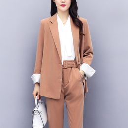 Vintage Korean Ladies Suits Solid Khaki Loose Casual Women Jacket Vestido Campera Mujer Stylish Office Pant Suit MM60NTZ Women's Two Piece P