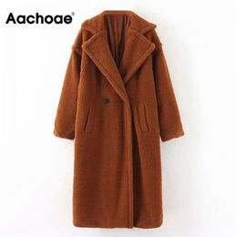 Aachoae Winter Casual Solid Teddy Coat Women Long Sleeve Fleece Long Jacket Turn Down Collar Lamb Fur Coat Outerwear Fourrure 210817