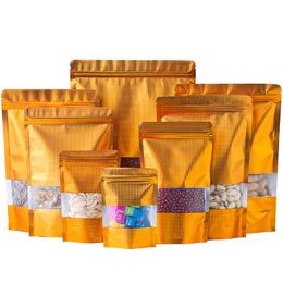 100 pçs Saco com zíper de janela de folha de alumínio em relevo dourado Doypack resselável Chocolate Biscoitos de café Snack Sal Comida para animais de estimação Bolsas de embalagem com vedação térmica