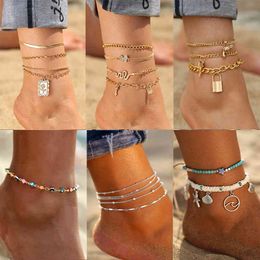 Punk Multilayered Lock Snake Chain Anklet For Women 2021 Trend Gold Butterfly Shell Anklets Foot Bracelet Beach Jewelry