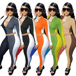 Designer Women Two Pieces Outfits Fashion Sexy Contrast Stitching Zipper Long Sleeve Pants Tracksuits Ladies Workout Clothes Fall