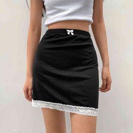 Cute Contrast Lace Patchwork Y2K Aesthetic Mini Skirt for Women Kawaii Girls Vintage 2000s Bow Tie Knot Front Y2K Mini Skirts X0428