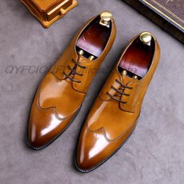 Mens Formal Dress Shoes Real Leather Handmade Luxury Winter Oxford Brogue Shoes Pointed Toe Lace Up Office Wedding Shoes For Men
