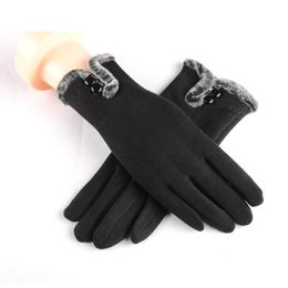 Fingerless Gloves Womens Full Finger Solid Thicken Winter Botton Keep Warm Mittens Female Elegant Screen Touch
