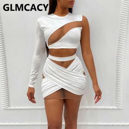 One Shoulder Mesh Insert Bodycon Dress Elegant Evening Party Mini Dresses 210702