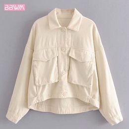 Autumn Lapel Long Sleeve Loose Pocket Women's Jacket Single-breasted Denim Chic Beige Female Coat Korean Fashion Tops 210507