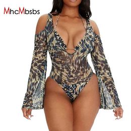 Two Piece Sets Women Mesh See Through Bodysuits Long Sleeve Off Shoulder Romper Set +Halter Corset Crop Tops Summer Outfits 210517