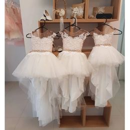 Illusion Flower Girls Dresses Jewel Cap Sleeves Birthday Gowns With Lace Applique Ankle-Length Custom Made Formal Party Dress 328 328