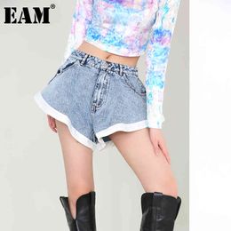 [EAM] Women Denim Blue Ruffles Stitch Wide Leg Shorts High Waist Loose Fit Trousers Fashion Spring Summer 1Y10405 210512