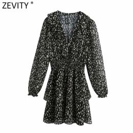 Zevity Women Vintage V Neck Animal Pattern Print Chiffon Mini Dress Femme Cascading Ruffle Casual Slim A Line Vestido DS4836 210603