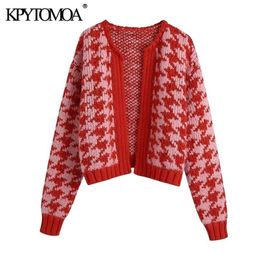 KPYTOMOA Women Fashion Houndstooth Crop Open Knit Cardigan Sweater Vintage O Neck Long Sleeve Female Outerwear Chic Tops 211103