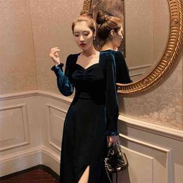 Sexy Blue Square Collar Long Sleeve Vintage Velvet Dress Women Autumn Winter Slim Split Club Party Vestido de mujer 210603