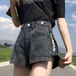 Summer Cotton Loose Slim Denim Women Shorts Jeans Letter Zipper Female Style Wide Leg Hot High Waist Short Pants 210329