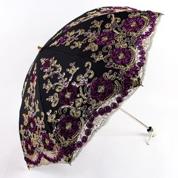Two-fold double-layer folding lace embroidery vinyl rubber umbrella Sun Parasol Gift