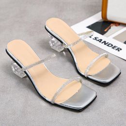 Slippers Summer Women Mules Design Sandal Slides Cryatals 8cm Transparent Fretwork Heels Shoes Female Big Size 44 45