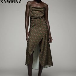 women Fashion polka dot camisole dress Female cowl neckline thin straps Wrap-style side gathering split hem midi 210520