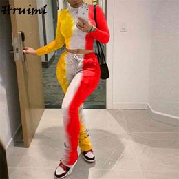 Tie Dye 2 Piece Set Women Stacked Pants & Long Sleeve Crop Top Sets Casual Autumn Female Sweat Suits Fashion Streetwear 210513