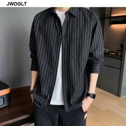 Men's Striped Shirts Button-Down Shirt Chest Pocket Casual Standard Fit Black Navy Grey Long Sleeve Cotton Shirts 4XL 5XL 210528