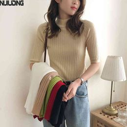 Knitted Slim Pullover Women Turtleneck Sweater Shirt Female All-match Basic Half Sleeve Tops Candy Colours 210514