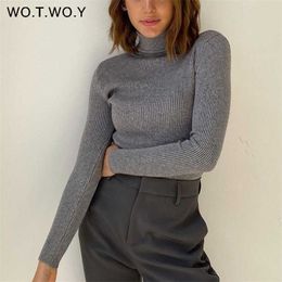 WOTWOY Ribbed Knitted Turtleneck Sweater Women Autumn Winter Slim Fit Basic Pullover Female Long Sleeve Black White Jumper 211007