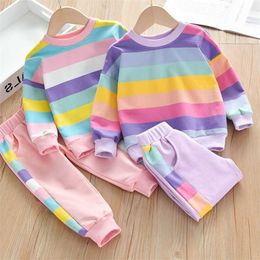 Children Girls 2pcs Rainbow Clothing Sets Autumn T-Shirts Pants Sport Tracksuits 211025