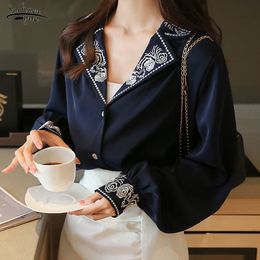 Embroidery Floral Long Sleeve Top Female Office Lady Casual Designer French Korean Women Tops Fashion Elegant Blouse 12479 210521