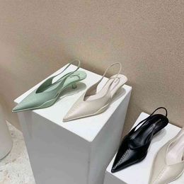 Fashion Women Sandals Pointed Toe Solid Colour Thin Mid Heels Back Strap Green Shoes Elegant Dress Shoes Elegant Pumps Size 35-39 210513