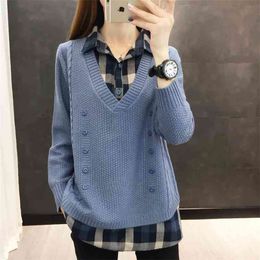 Spring Autumn Style Fake Two-piece Knitted Sweater Pullover Lady Casual Turn-down Collar Long Sleeve ZZ0999 210922