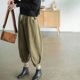 Arrival Spring/autumn Arts Style Women Loose Casual Elastic Waist Ankle-length Pants All-matched Cotton Harem W18 210512