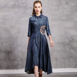 Johnature Women Chinese Style Embroidery Dresses Button Denim Slim Irregular Female Autumn Clothes Blue Vintage Dresses 210521