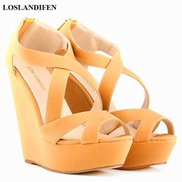 Soft Leather High Platform Women's Sandals 2021 New Concise Open Toe Solid Flock High Heels Shoes Women's Cut-Outs Wedges Sandal Y0721