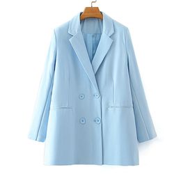BLSQR Sky Blue Blazer Women Autumn Double Breasted Suit Pocket Design Casual Jackets Ladies Office Lady 210430