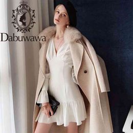 Dabuwawa Elegant White Solid Dress Women Ruffle Sleeve Deep V-Neck High Waist Ruffle Hem Sexy Party Dress Female DT1CDR024 210520