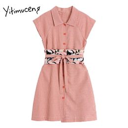 Yitimuceng Plaid Dresses Women Summer Straps Button Up High Waist A-Line Turn-down Collar Red Fashion Sweet Dress 210601