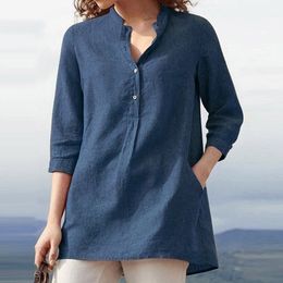 Womens Shirt Cotton Linen V Neck Blouse Solid Pocket Shirts Casual 3/4 Sleeve Autumn Loose Blouses Female Tunic Tops 210317