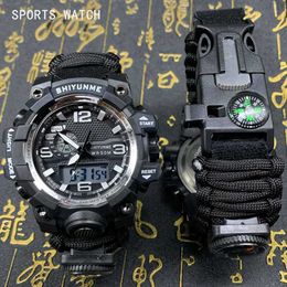 SHIYUNME Men Military Watch Green Strap Compass Thermometer Dual Time Display LED Quartz Male Sports Outdoor Relogios Masculino G1022