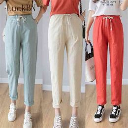 Women Casual Harajuku Long Ankle Length Trousers Summer Autumn Large Solid Elastic Waist Cotton Linen Pants Black 210915