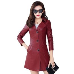 Leather Jacket Women Long Slim Wine Red Black L-5XL Plus Size Lapel Coat Winter Fashion Temperament PU Tops Feminina LR1002 210531