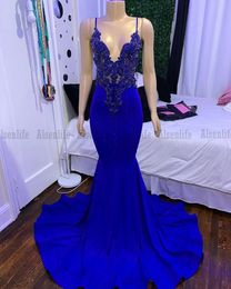 Royal Blue Satin Prom Dress Mermaid Spaghetti Straps Sexy Backless Formal Evening Gowns Custom Girls Party Dress