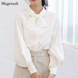 Casual Simple Women Tops Blouse Autumn Elegant Lantern Sleeve Woman Shirt Solid O-neck Bow with Button Ladies Clothes 8896 210512