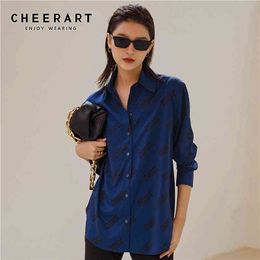 Royal Blue Long Sleeve Top And Blouse Fall Women Letter Print Button Up Collar Shirt Loose Autumn Fashion Clothing 210427