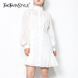 Solid Hollow Out Dress For Women Stand Collar Lantern Long Sleeve High Waist Mini Dresses Females Summer Style 210520