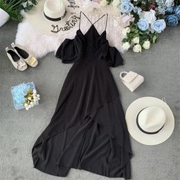 Celebrity Tuxedo 2021 Summer Fit Off Shoulder Foreign Style Ruffle V-neck Suspender Dress Long Skirt Women's Swimwear