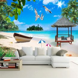 Blue Sandy Beach Seagull Landscape Painting Custom Mural 3D Poster Wallpapers For Bedroom Living Room Sofa TV Background Photogood quatity