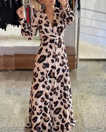 Women Long Sleeve Leopard Print Autumn Dress V Neck Button Design High Waist Maxi Dress Y0726