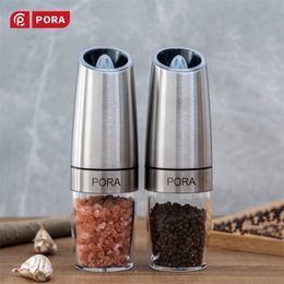 Stainless Steel Pepper Shaker Electric Salt and Grinder Set with Metal Stand Kitchen Tools Gravity Automatic Spice Mill 220311