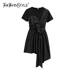 Black Patchwork Ruffle Dress For Women O Neck Short Sleeve High Waist Irregular Hem Summer Dresses Female Fashion 210520